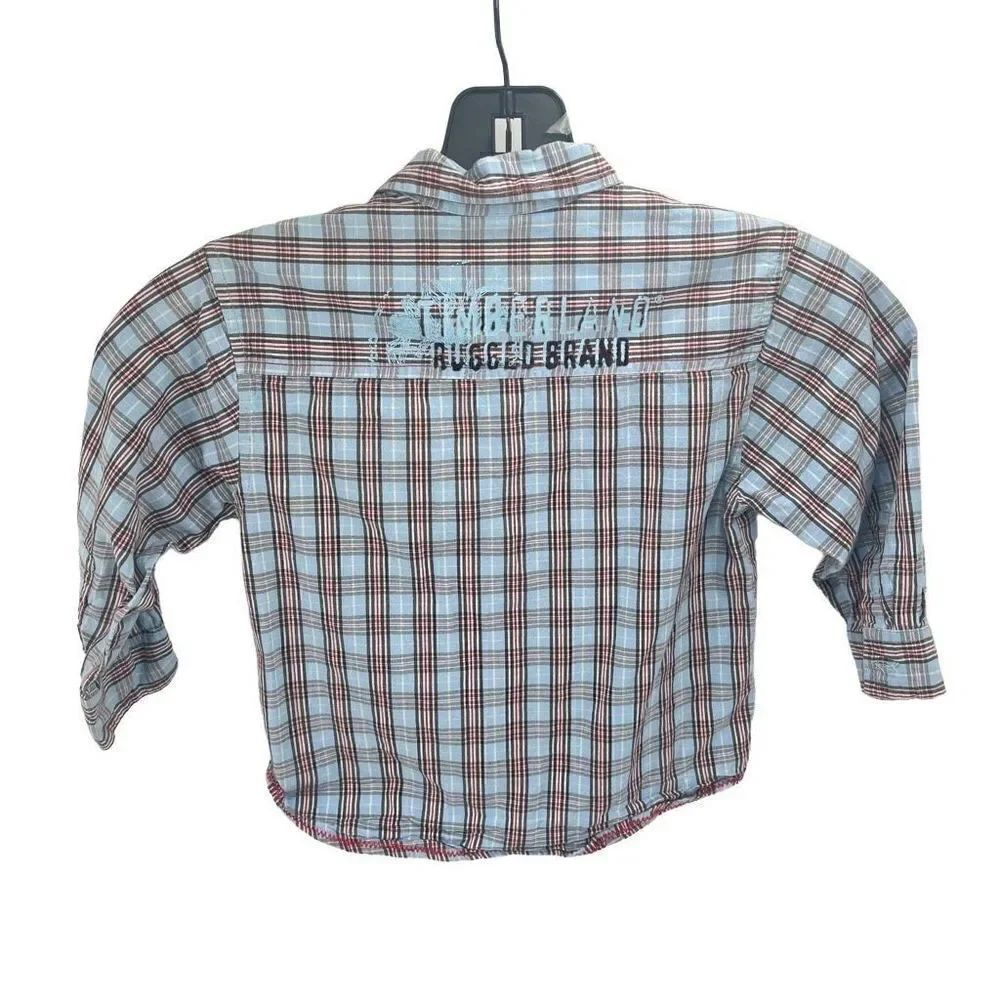 Timberland Kids Button Down Shirt Rugged Plaid Long Sleeve Blue Size 24 Months